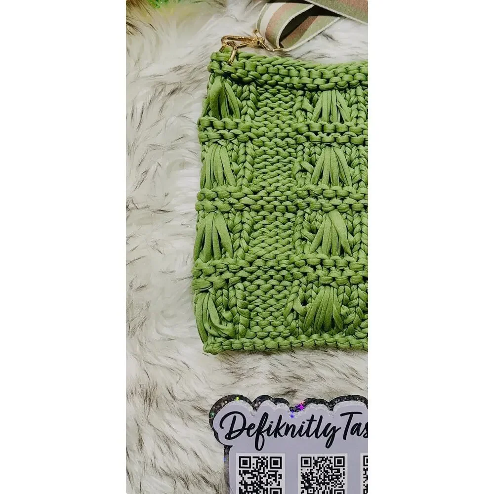 Hand Knit Avocado Green Crossbody Bag: T-Shirt Yarn Purse with Guitar Strap
